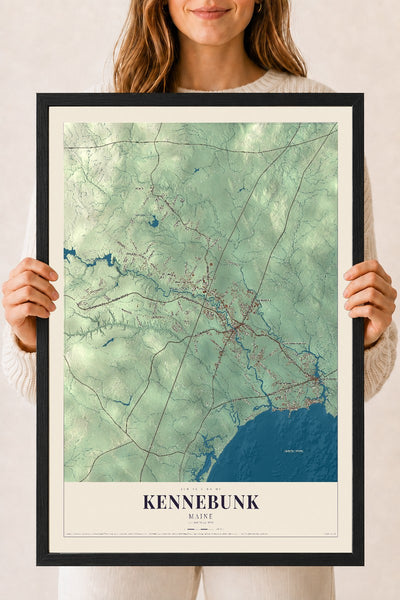 Kennebunk, Maine map print - 18 x 24 black Ayous wood frame