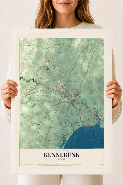 Kennebunk, Maine map print - 18 x 24 white Ayous wood frame