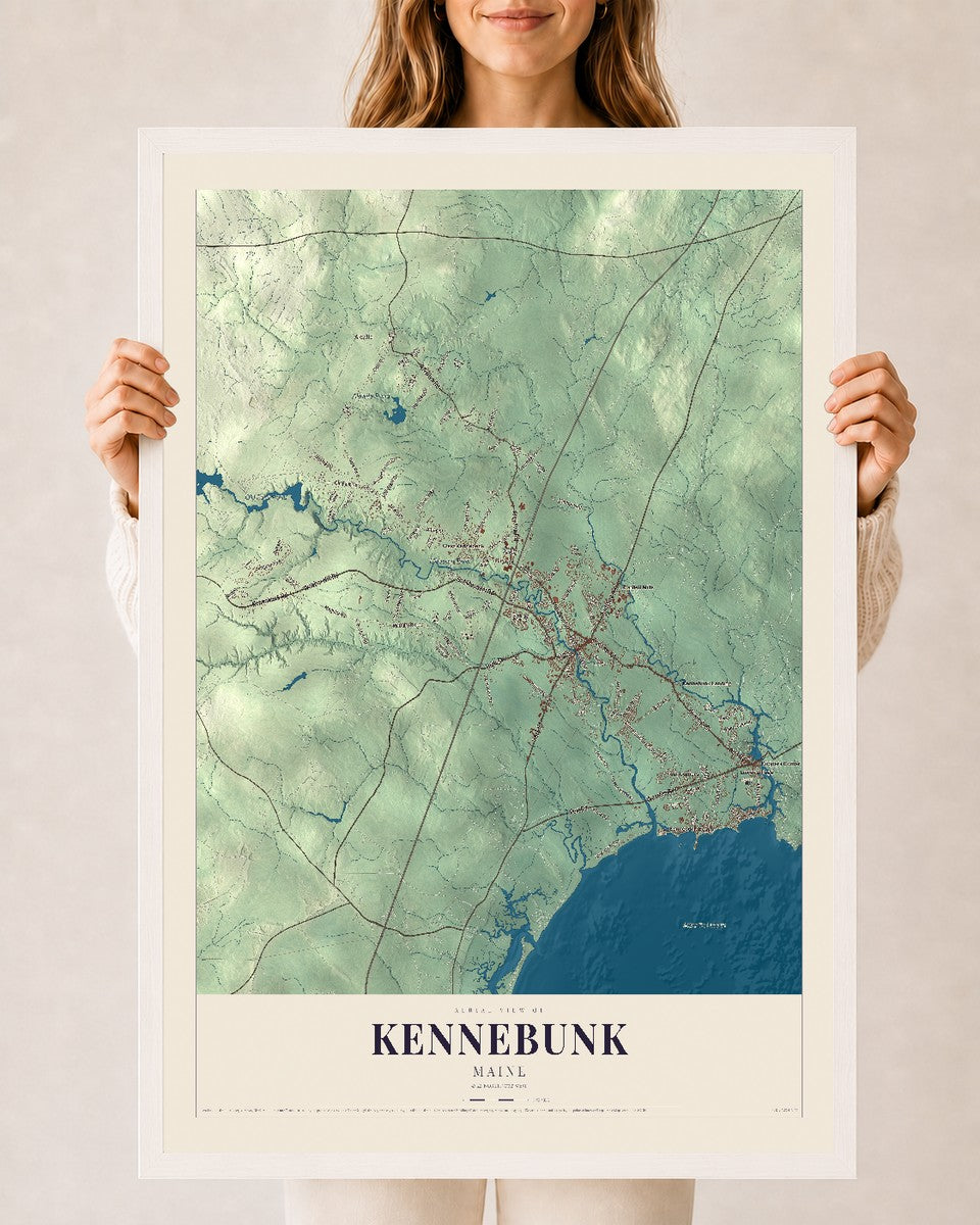 Kennebunk, Maine map print - 24 x 36 white Ayous wood frame