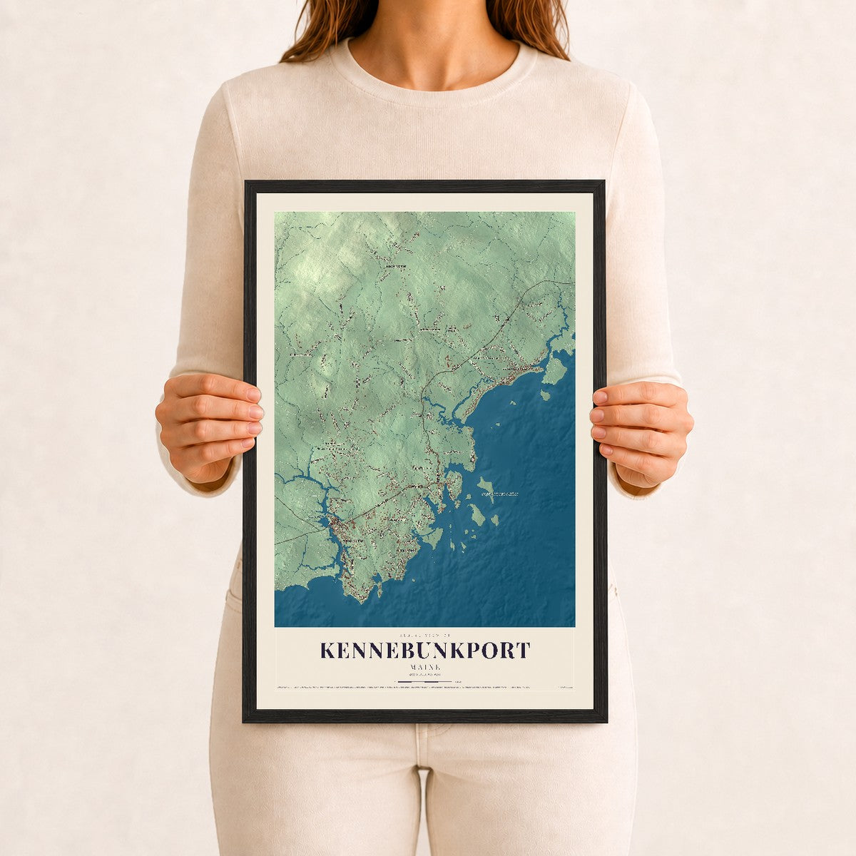 Kennebunkport, Maine map print - 12 x 18 black Ayous wood frame