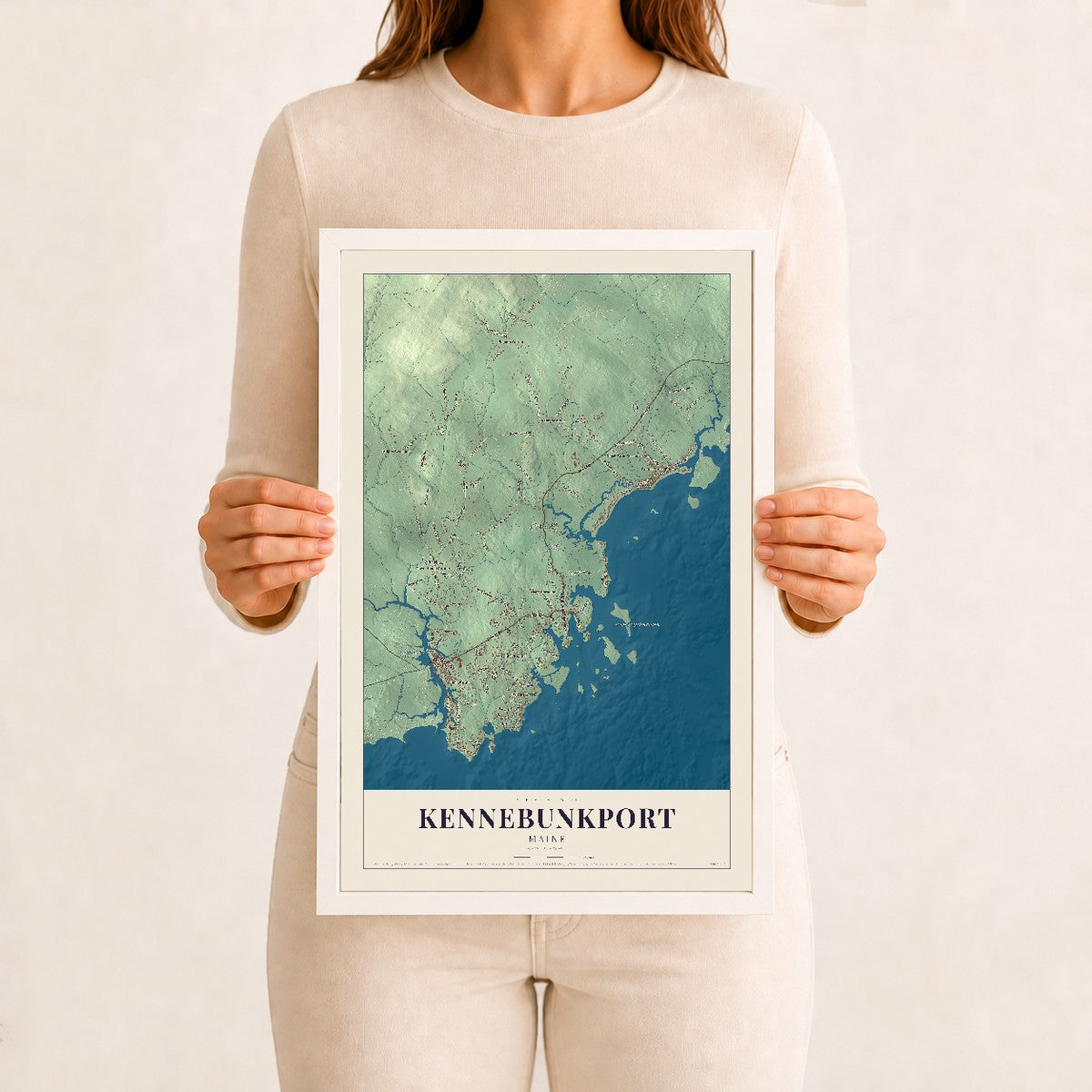 Kennebunkport, Maine map print - 12 x 18 white Ayous wood frame