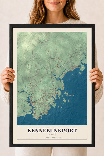Kennebunkport, Maine map print - 18 x 24 black Ayous wood frame