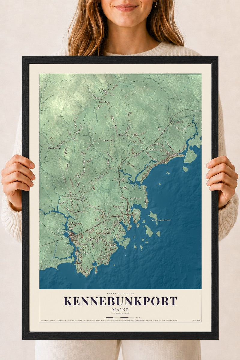 Kennebunkport, Maine map print - 18 x 24 black Ayous wood frame