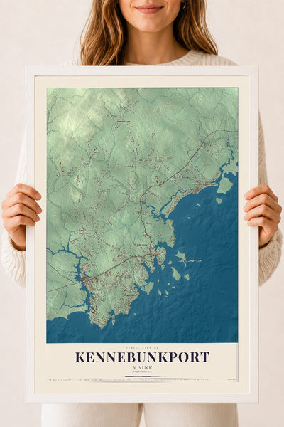 Kennebunkport, Maine map print - 18 x 24 white Ayous wood frame