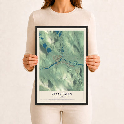 Kezar Falls, Maine map print - 12 x 18 black Ayous wood frame