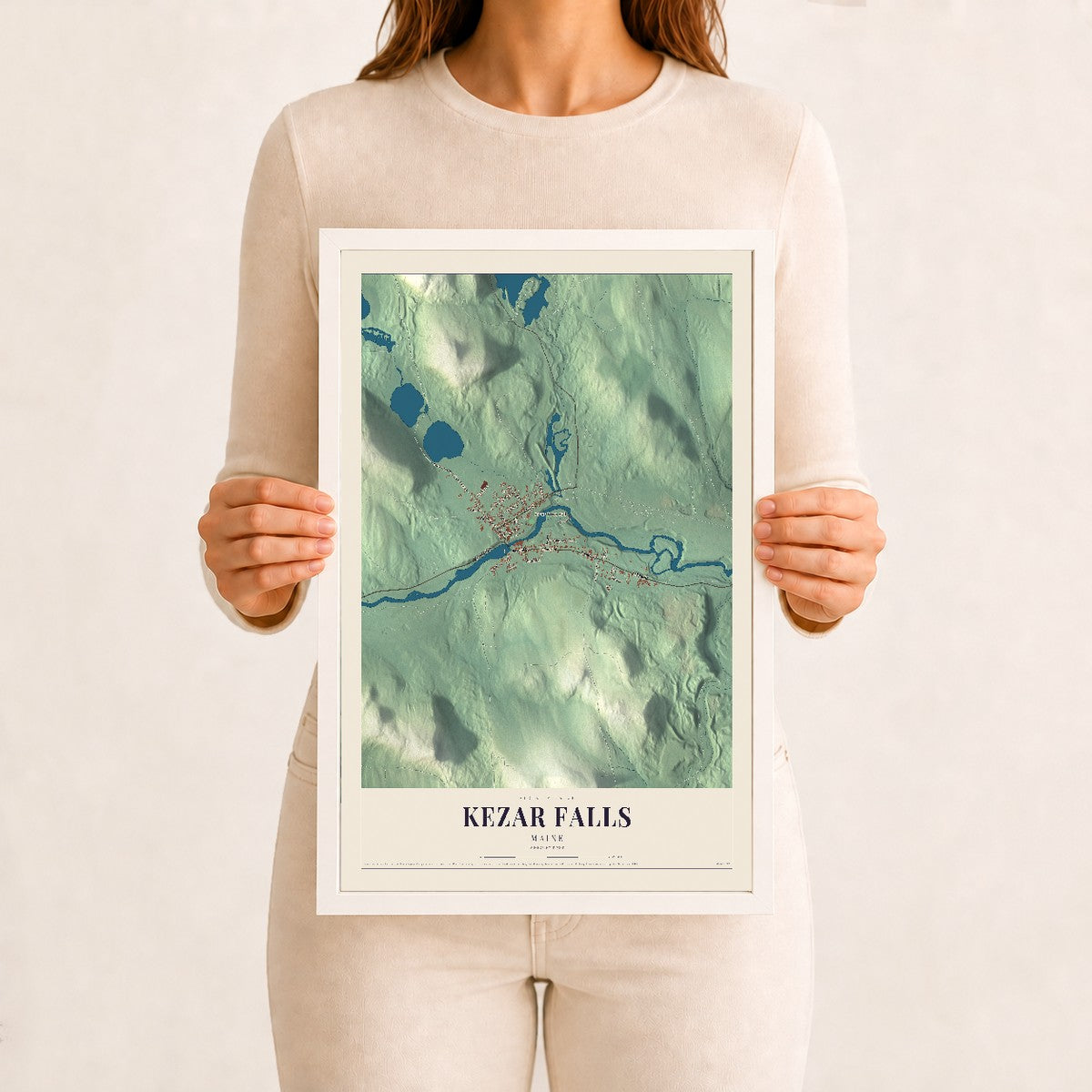 Kezar Falls, Maine map print - 12 x 18 white Ayous wood frame