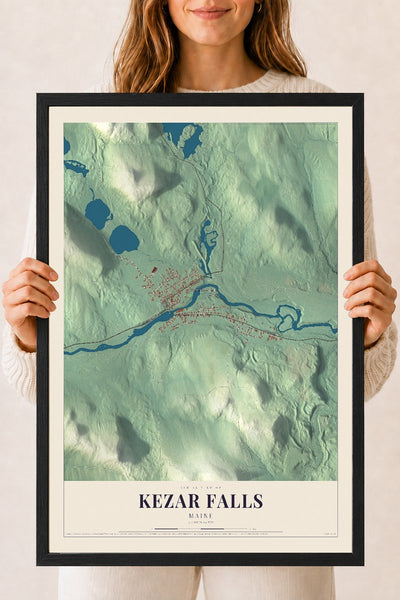 Kezar Falls, Maine map print - 18 x 24 black Ayous wood frame