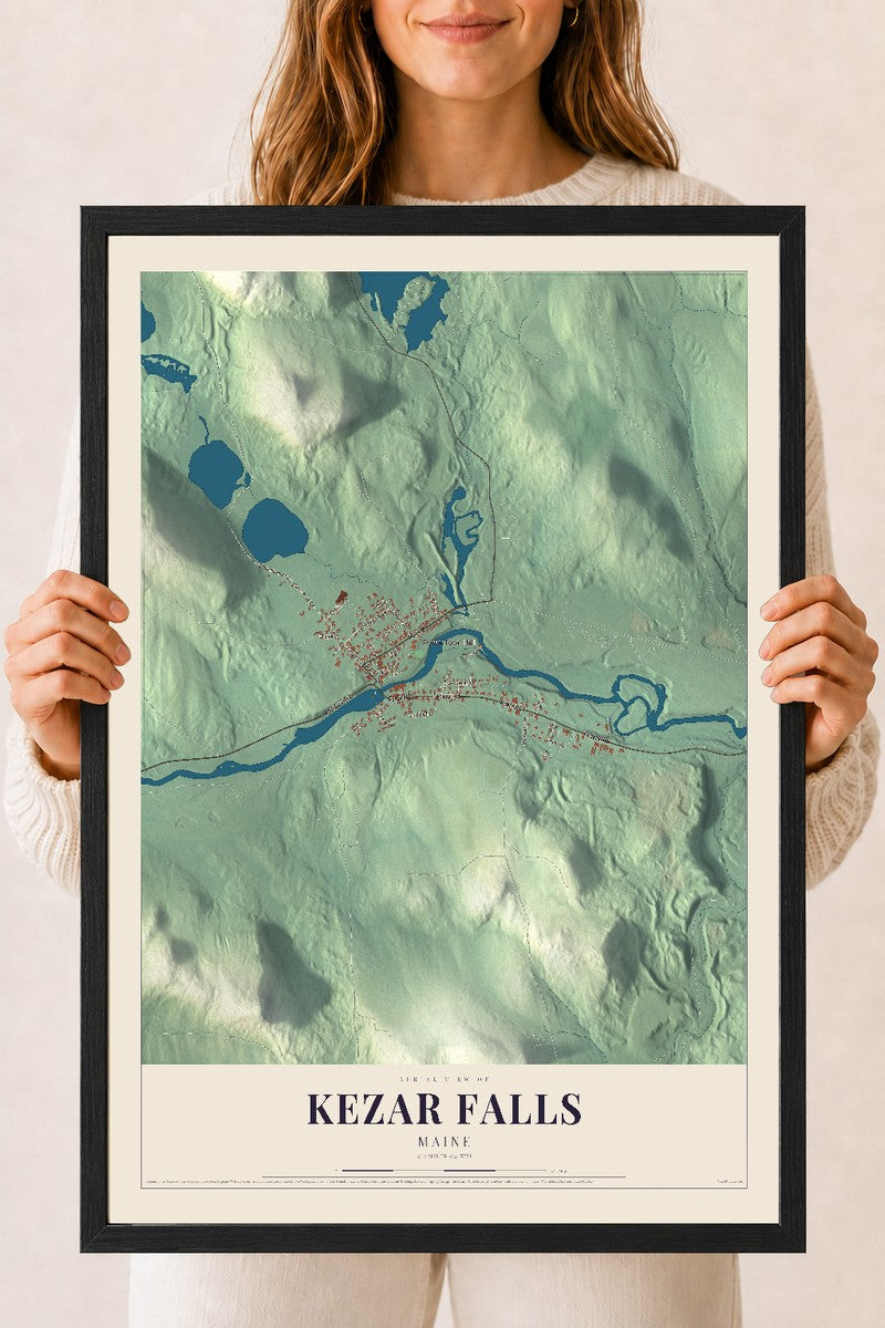 Kezar Falls, Maine map print - 18 x 24 black Ayous wood frame