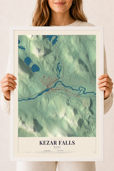 Kezar Falls, Maine map print - 18 x 24 white Ayous wood frame