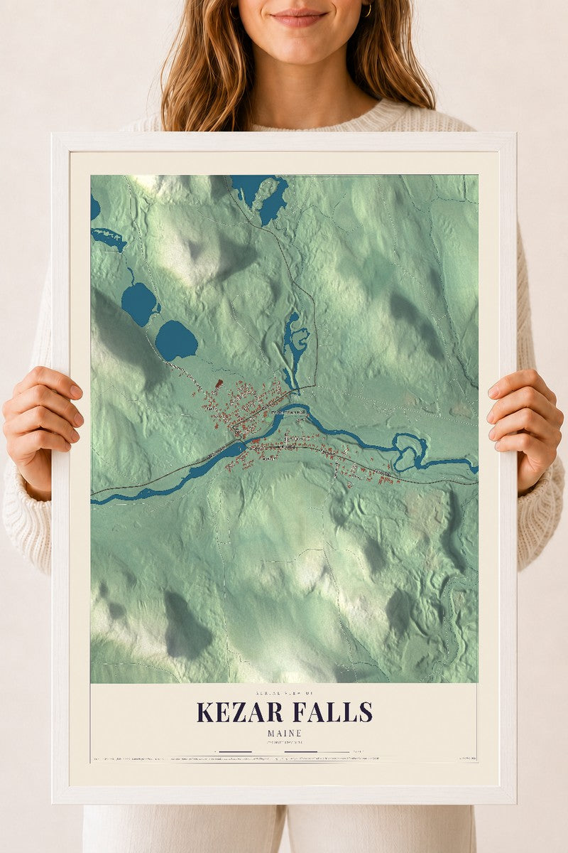 Kezar Falls, Maine map print - 18 x 24 white Ayous wood frame