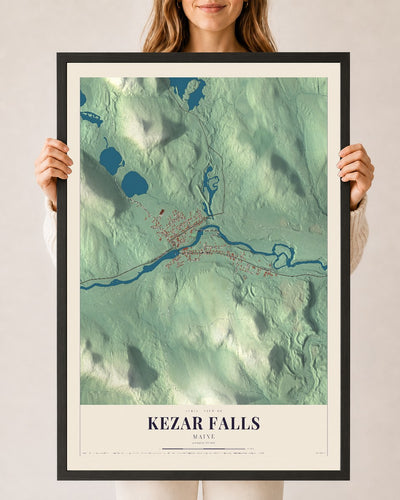 Kezar Falls, Maine map print - 24 x 36 black Ayous wood frame