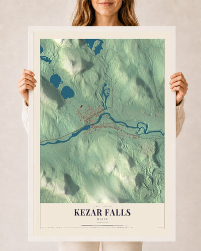 Kezar Falls, Maine map print - 24 x 36 white Ayous wood frame