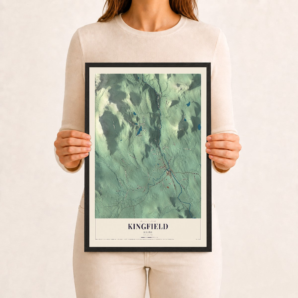 Kingfield, Maine map print - 12 x 18 black Ayous wood frame