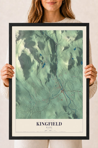 Kingfield, Maine map print - 18 x 24 black Ayous wood frame