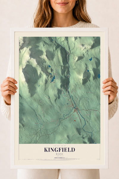Kingfield, Maine map print - 18 x 24 white Ayous wood frame