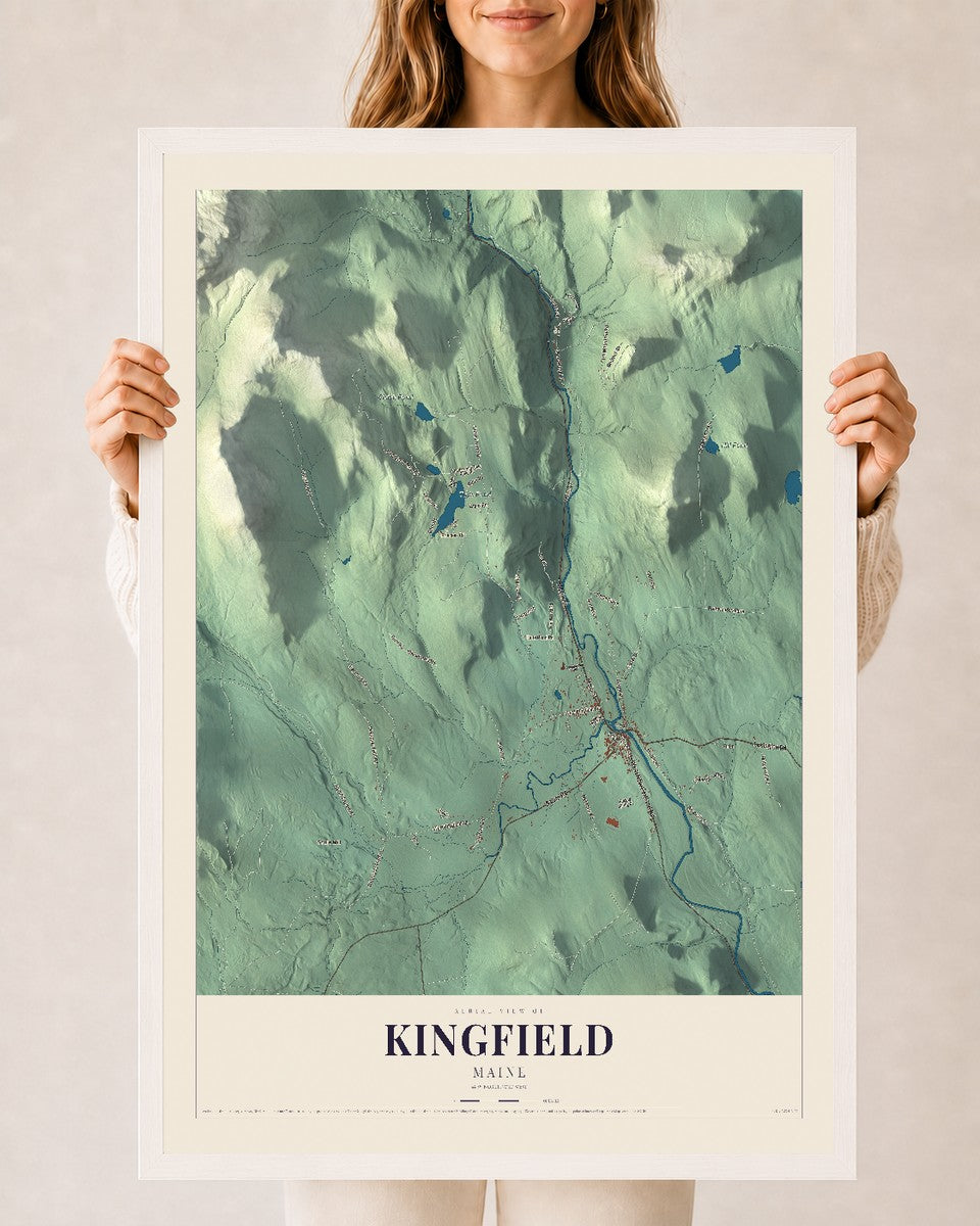 Kingfield, Maine map print - 24 x 36 white Ayous wood frame