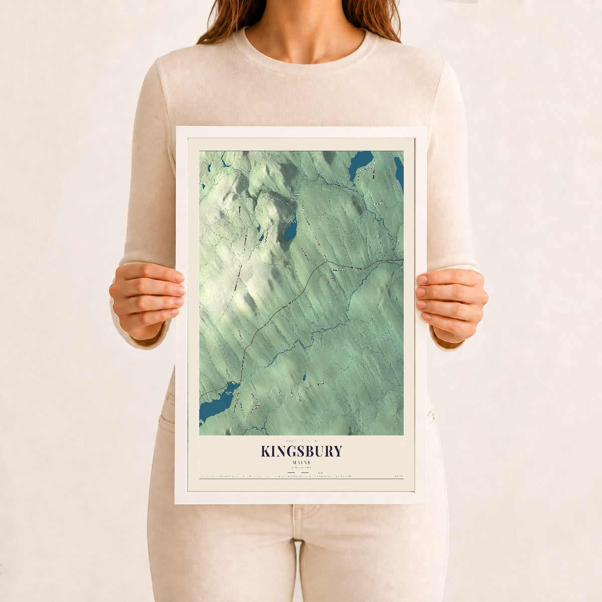 Kingsbury, Maine map print - 12 x 18 white Ayous wood frame