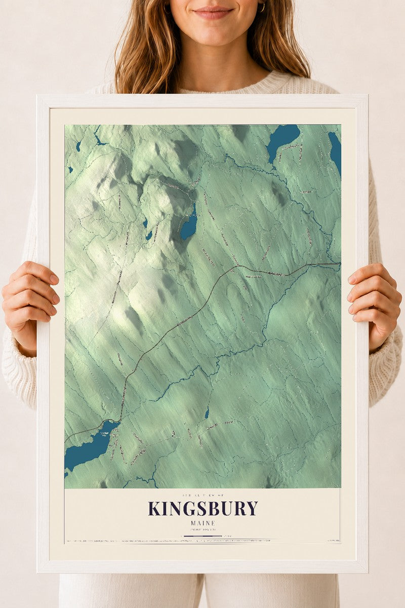 Kingsbury, Maine map print - 18 x 24 white Ayous wood frame