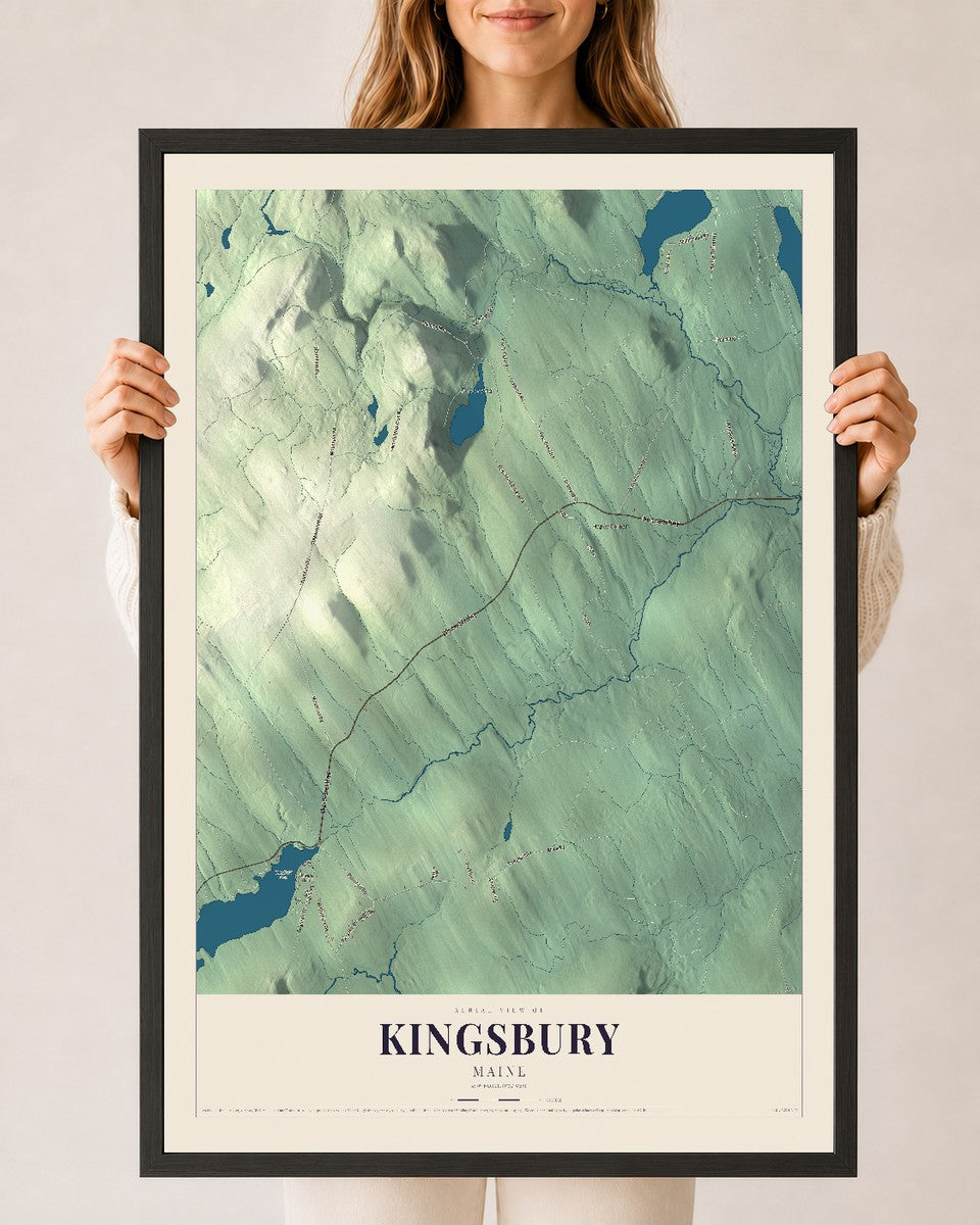 Kingsbury, Maine map print - 24 x 36 black Ayous wood frame