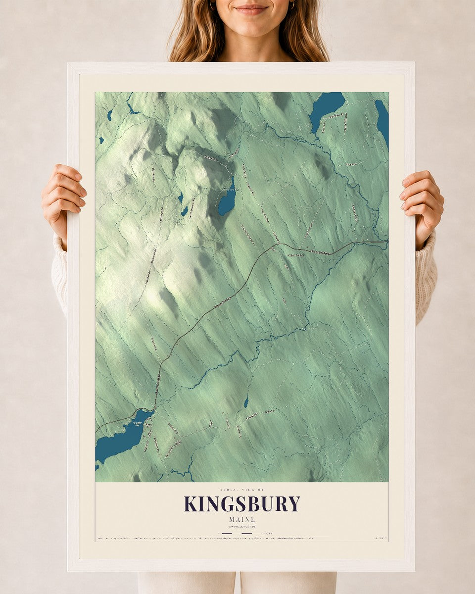 Kingsbury, Maine map print - 24 x 36 white Ayous wood frame