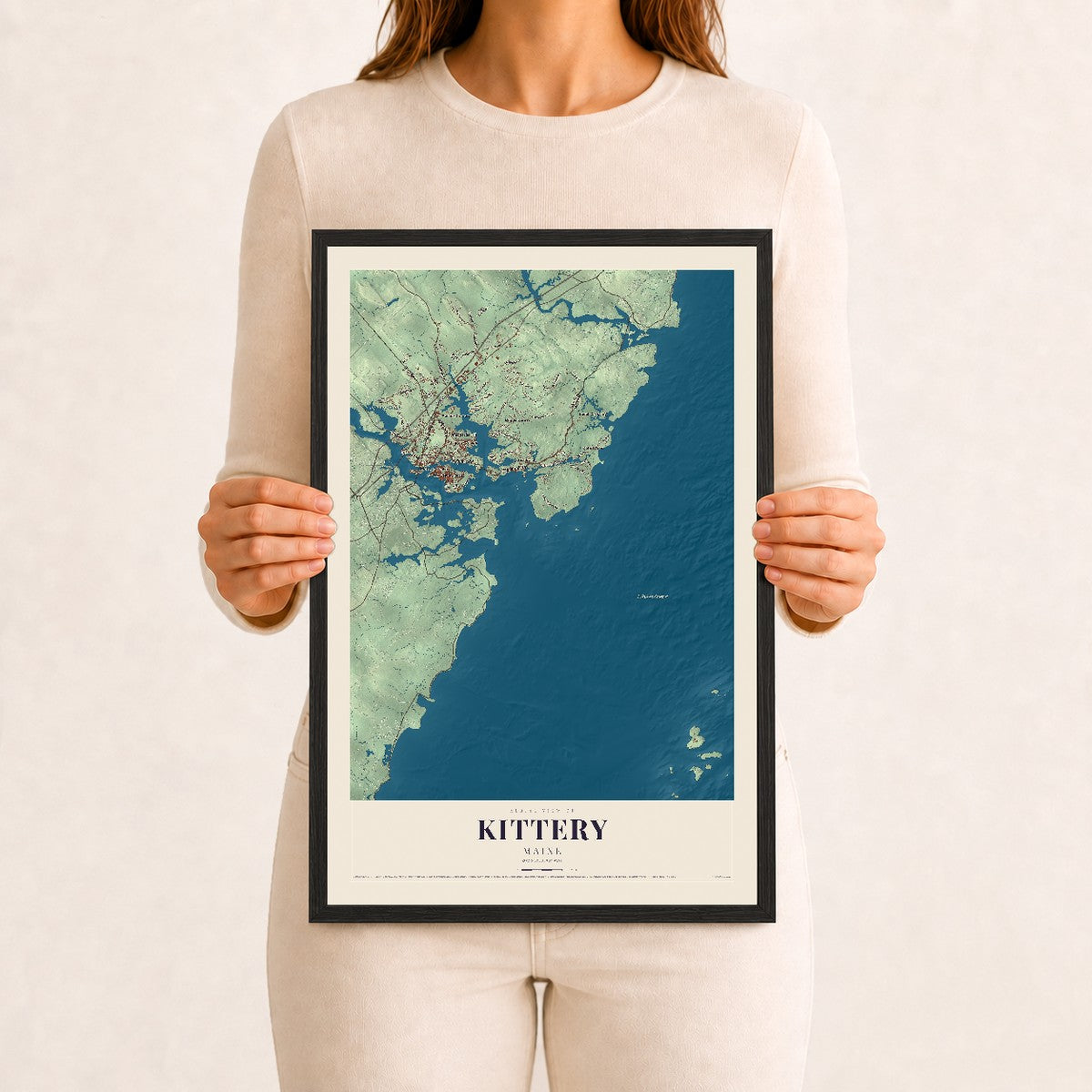 Kittery, Maine map print - 12 x 18 black Ayous wood frame