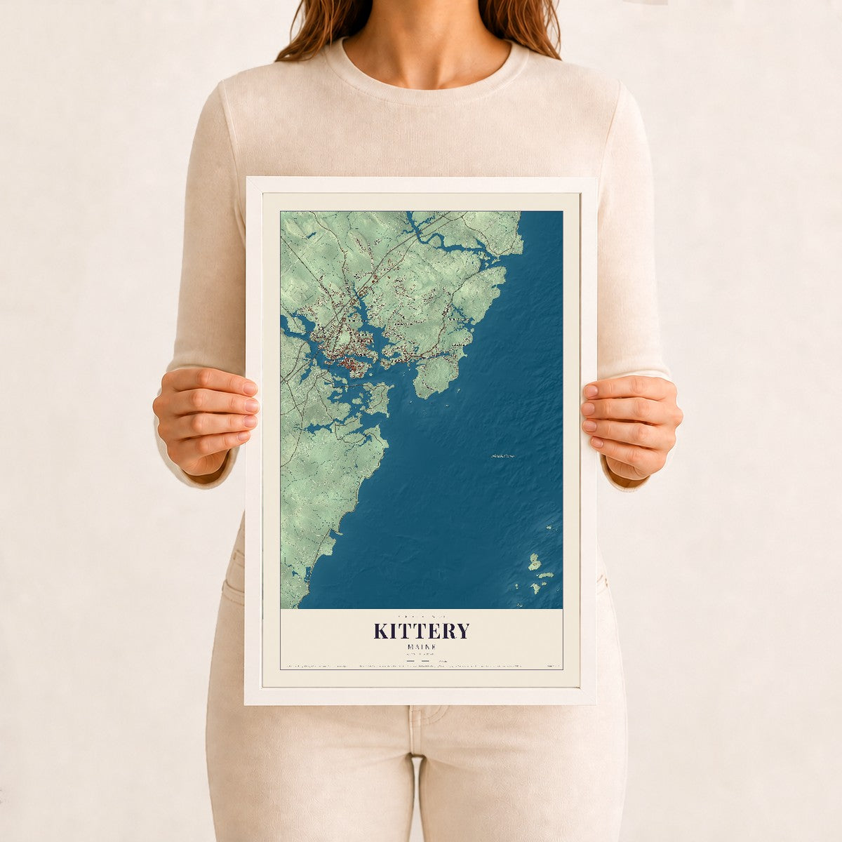 Kittery, Maine map print - 12 x 18 white Ayous wood frame