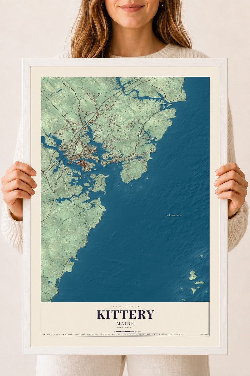 Kittery, Maine map print - 18 x 24 white Ayous wood frame