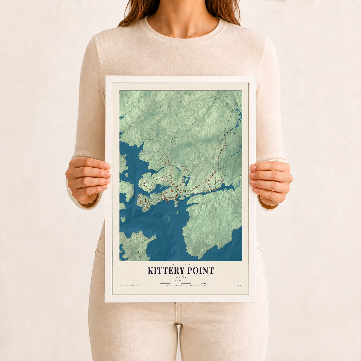 Kittery Point, Maine map print - 12 x 18 white Ayous wood frame