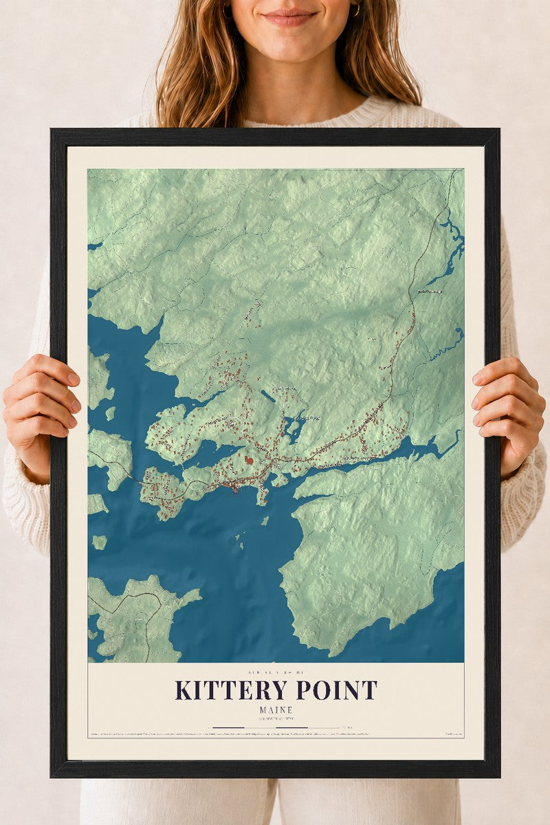 Kittery Point, Maine map print - 18 x 24 black Ayous wood frame