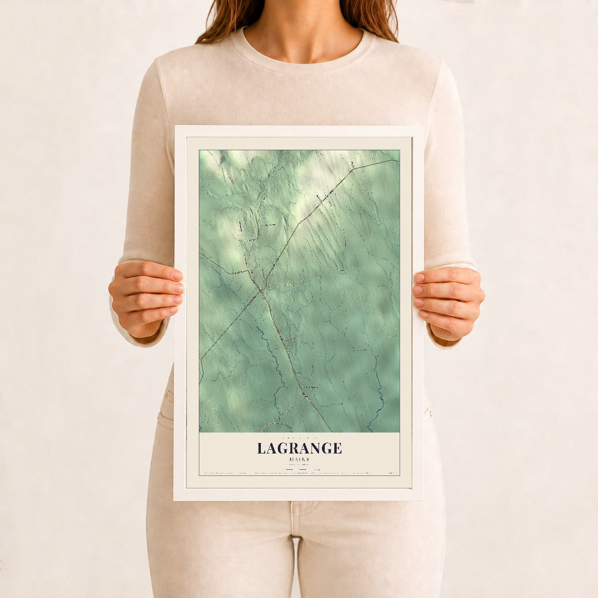 Lagrange, Maine map print - 12 x 18 white Ayous wood frame