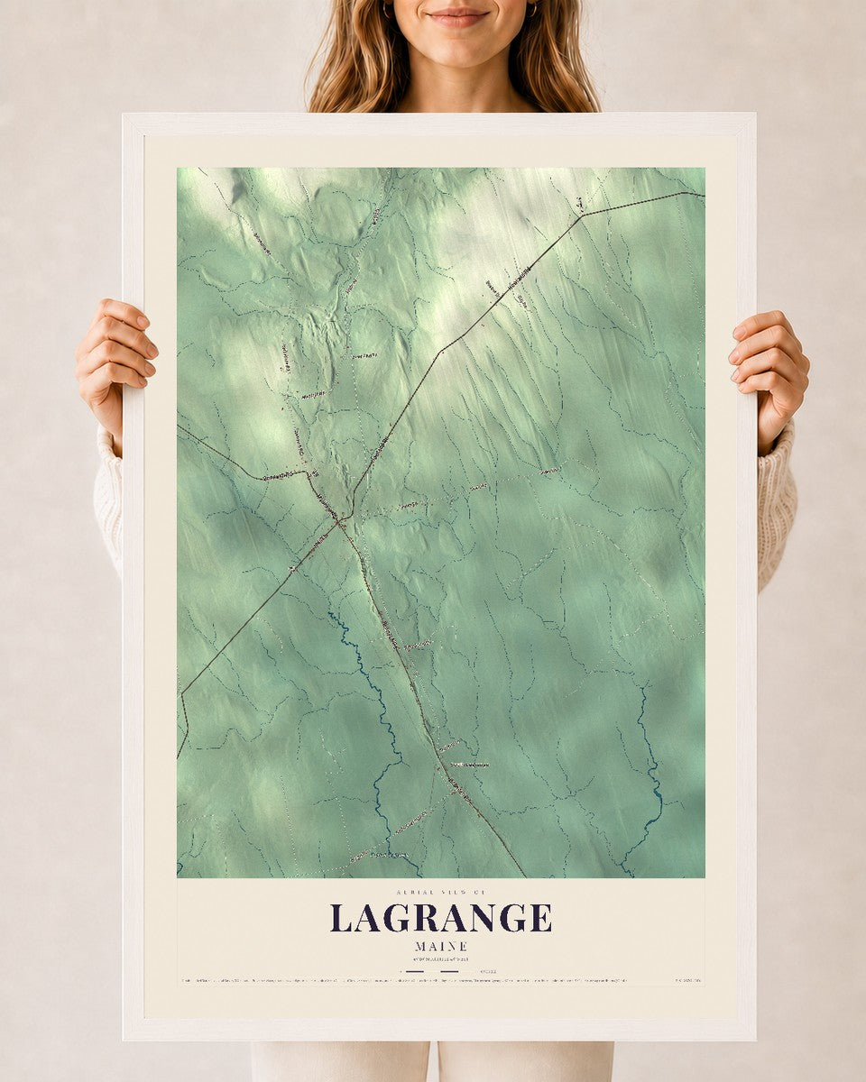 Lagrange, Maine map print - 24 x 36 white Ayous wood frame