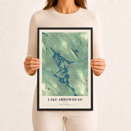 Map of Lake Arrowhead, Maine, 12 x 18 inch print in a black wood frame