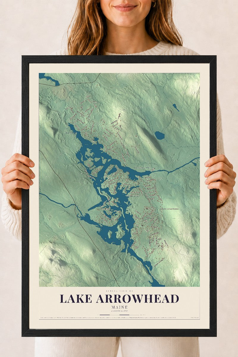 Lake Arrowhead, Maine map print - 18 x 24 black Ayous wood frame