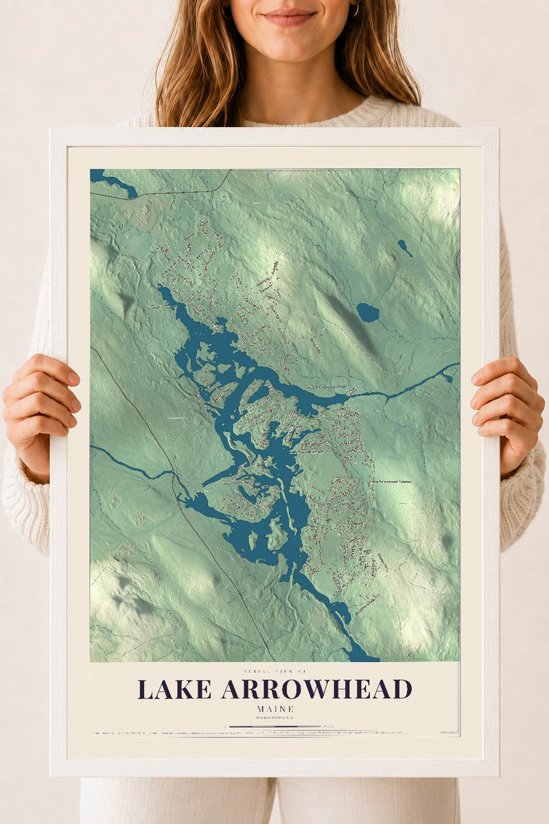 Lake Arrowhead, Maine map print - 18 x 24 white Ayous wood frame