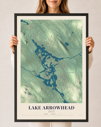Lake Arrowhead, Maine map print - 24 x 36 black Ayous wood frame