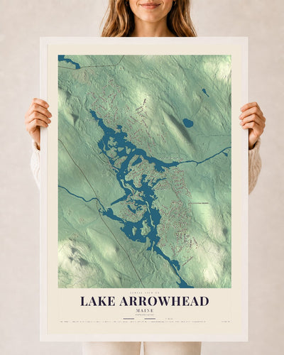 Lake Arrowhead, Maine map print - 24 x 36 white Ayous wood frame