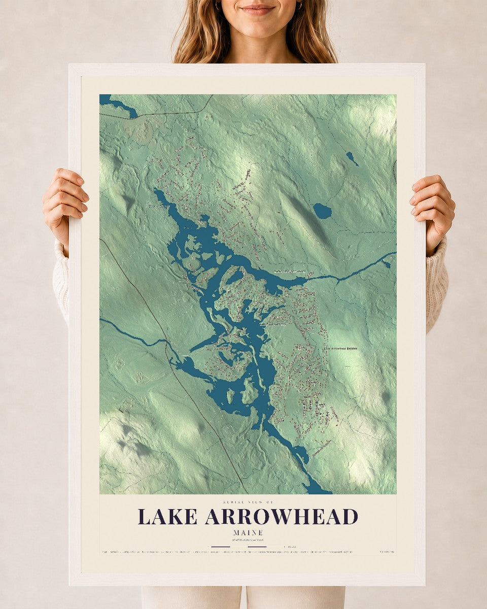 Lake Arrowhead, Maine map print - 24 x 36 white Ayous wood frame