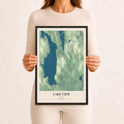 Lake View, Maine map print - 12 x 18 black Ayous wood frame