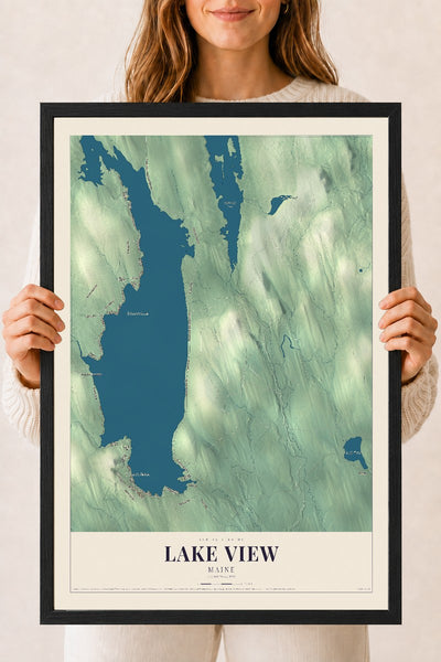 Lake View, Maine map print - 18 x 24 black Ayous wood frame