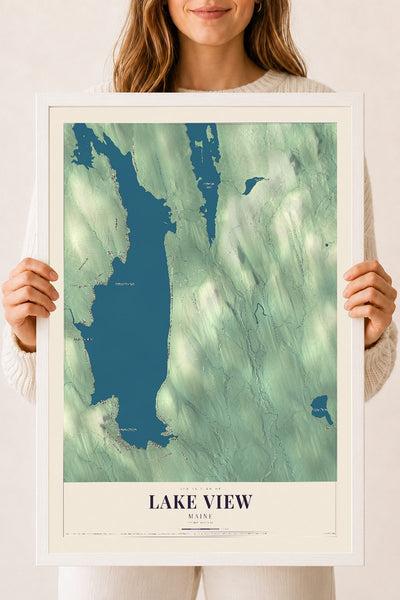 Lake View, Maine map print - 18 x 24 white Ayous wood frame