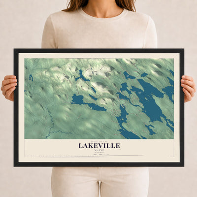 Lakeville, Maine map print - 12 x 18 black Ayous wood frame