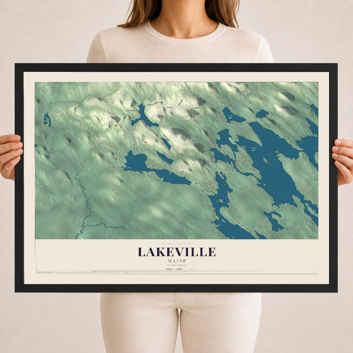 Lakeville, Maine map print - 18 x 24 black Ayous wood frame