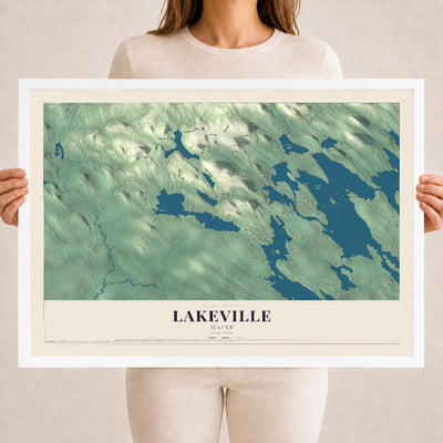 Lakeville, Maine map print - 18 x 24 white Ayous wood frame