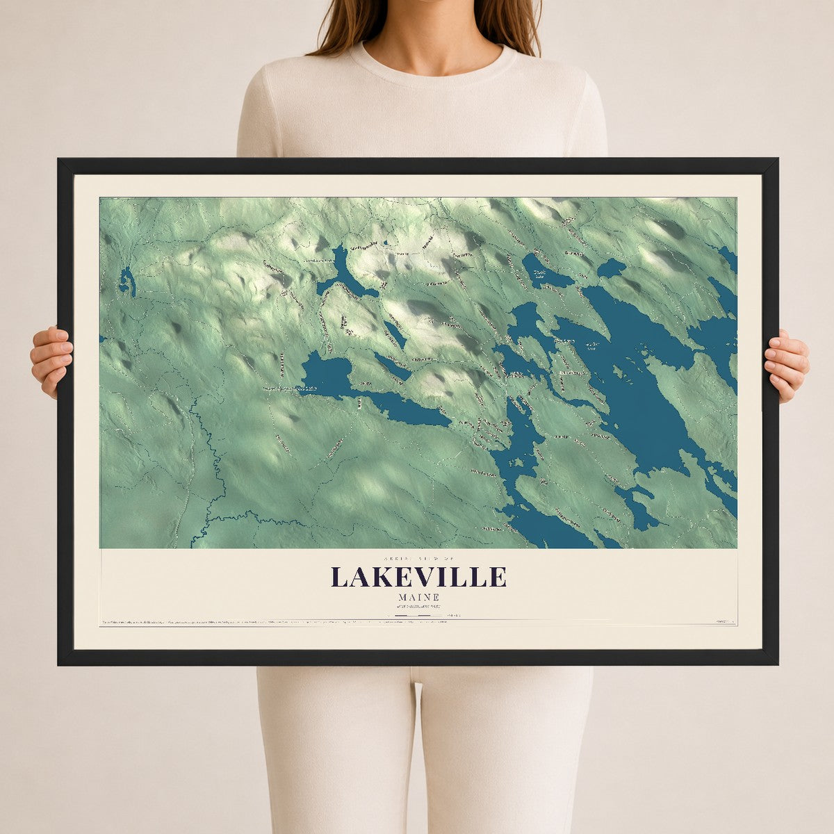 Lakeville, Maine map print - 24 x 36 black Ayous wood frame