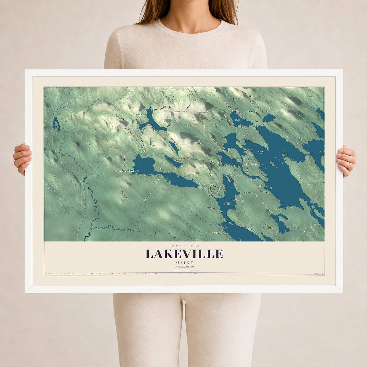 Lakeville, Maine map print - 24 x 36 white Ayous wood frame