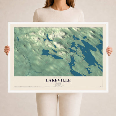 Lakeville, Maine map print - 24 x 36 white Ayous wood frame