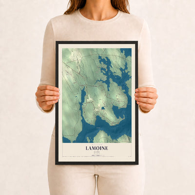 Lamoine, Maine map print - 12 x 18 black Ayous wood frame