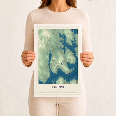 Lamoine, Maine map print - 12 x 18 white Ayous wood frame