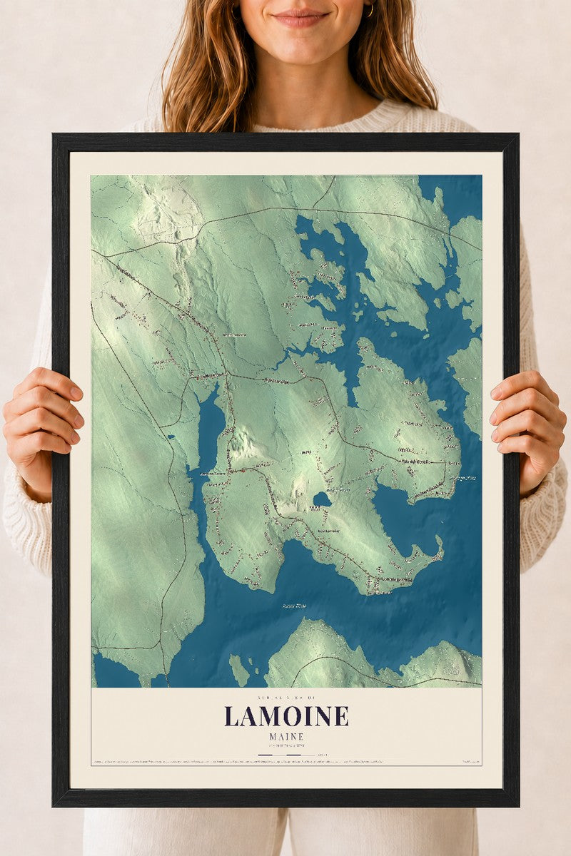 Lamoine, Maine map print - 18 x 24 black Ayous wood frame