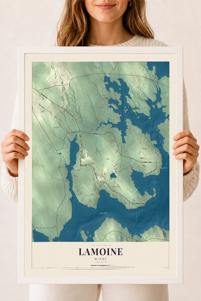 Lamoine, Maine map print - 18 x 24 white Ayous wood frame